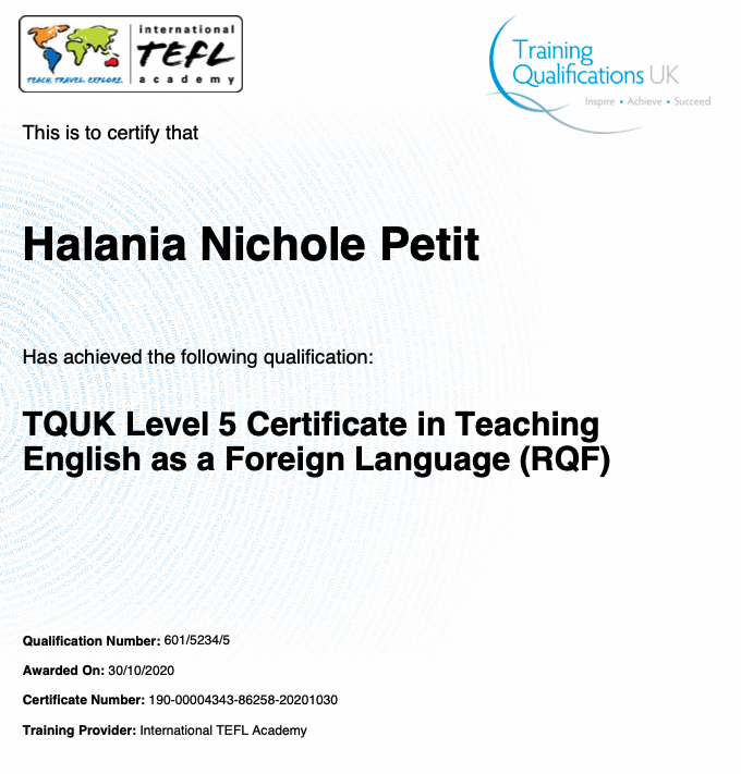 Photo of my TEFL certification.